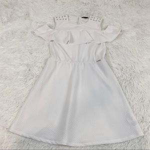 Guess cold shoulder ruffle lace up textured dress